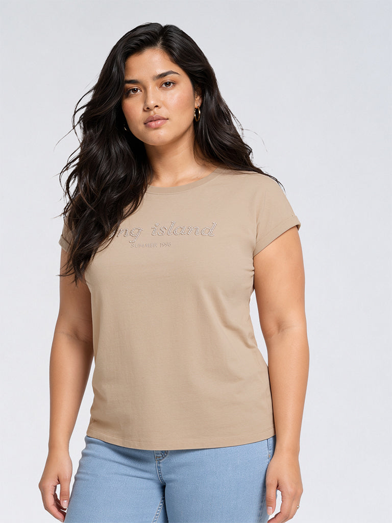Gia Taupe Text-Detailed Cotton T-Shirt