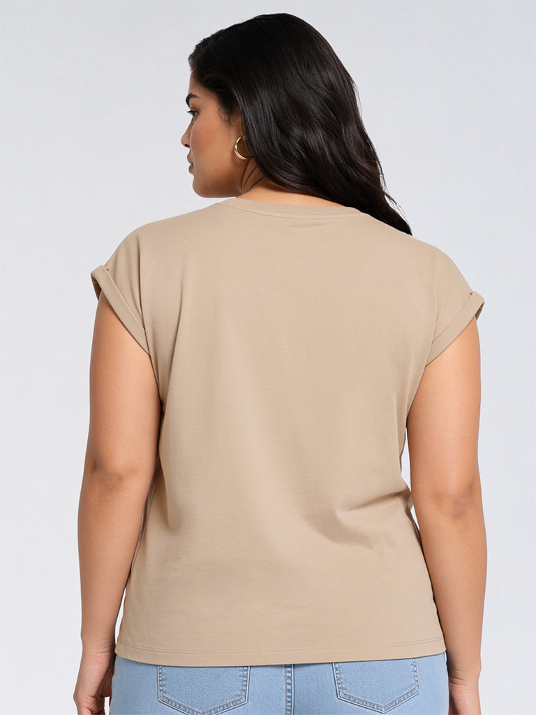 Gia Taupe Text-Detailed Cotton T-Shirt
