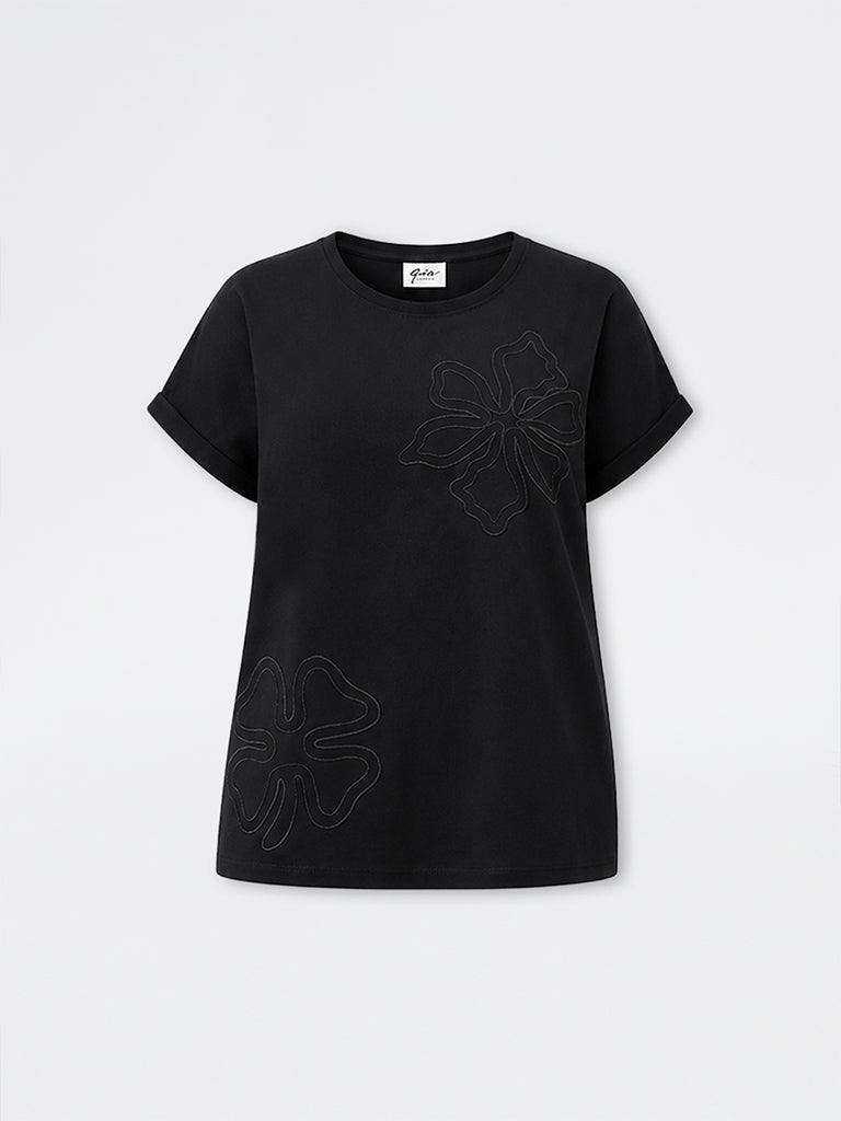 Gia Black Floral Embroidered Cotton T-Shirt