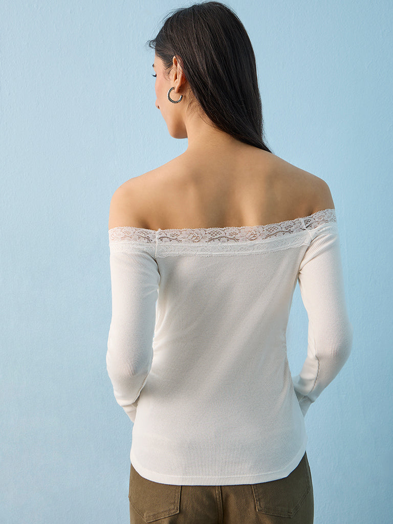 Nuon Off-White Printed Off-Shoulder Cotton-Blend Top