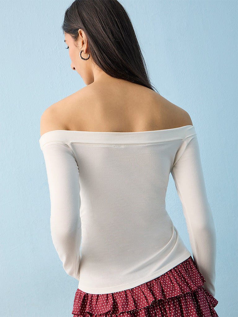 Nuon White Text-Printed Off-Shoulder Cotton-Blend Top