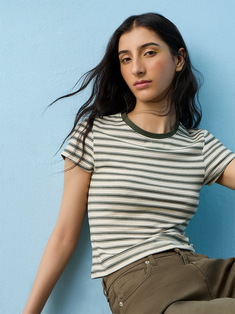 Nuon Off-White Striped Cotton T-Shirt