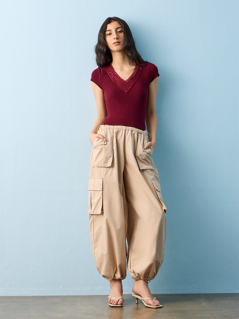 Nuon Burgundy Lace-Detail Top