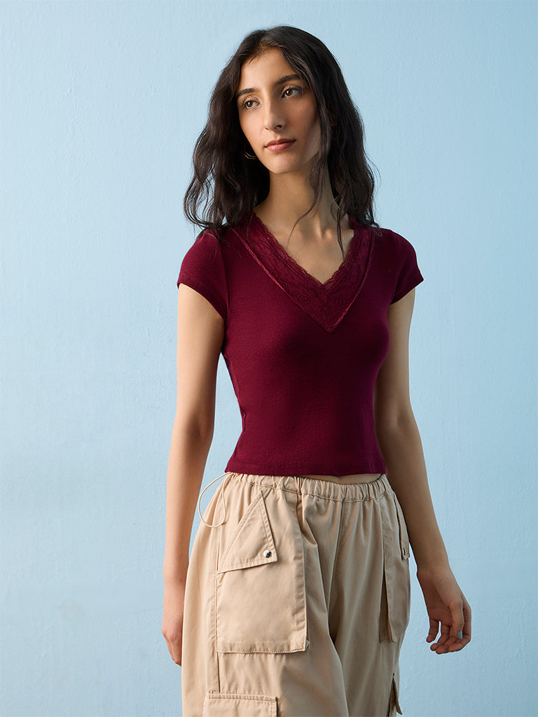Nuon Burgundy Lace-Detail Top