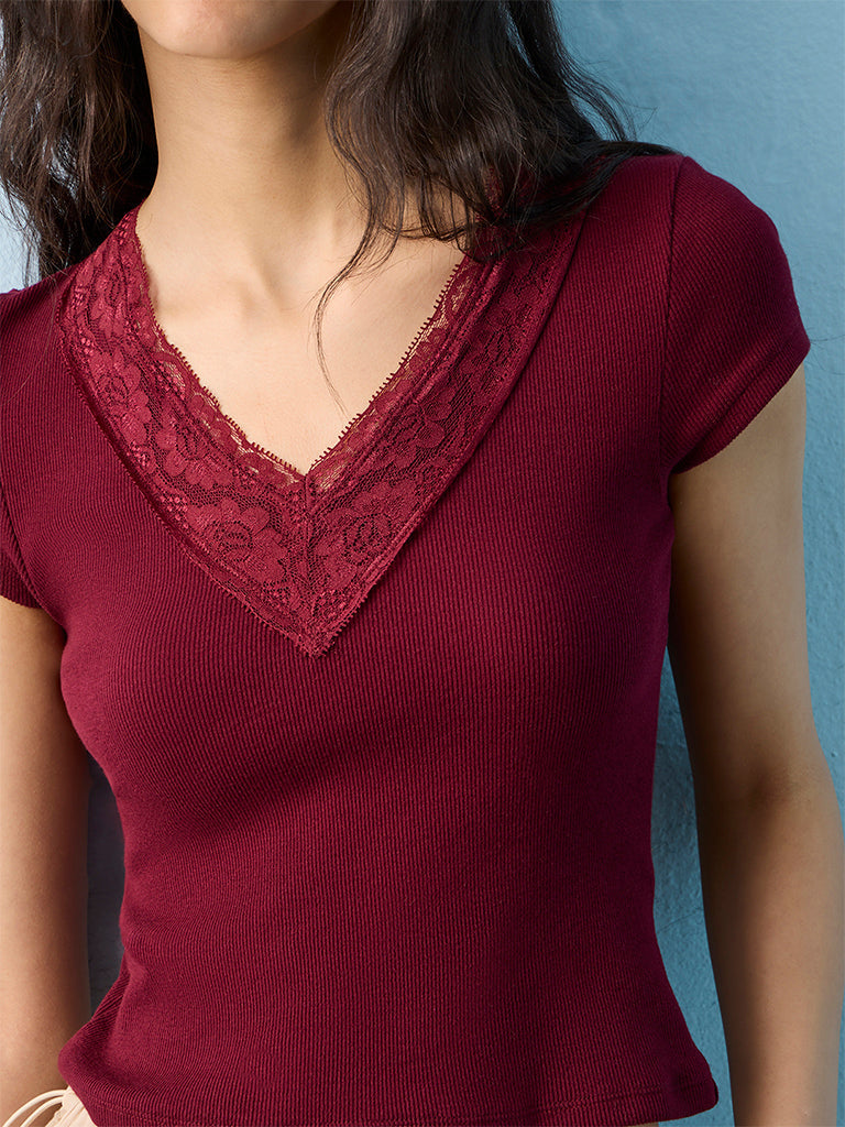 Nuon Burgundy Lace-Detail Top