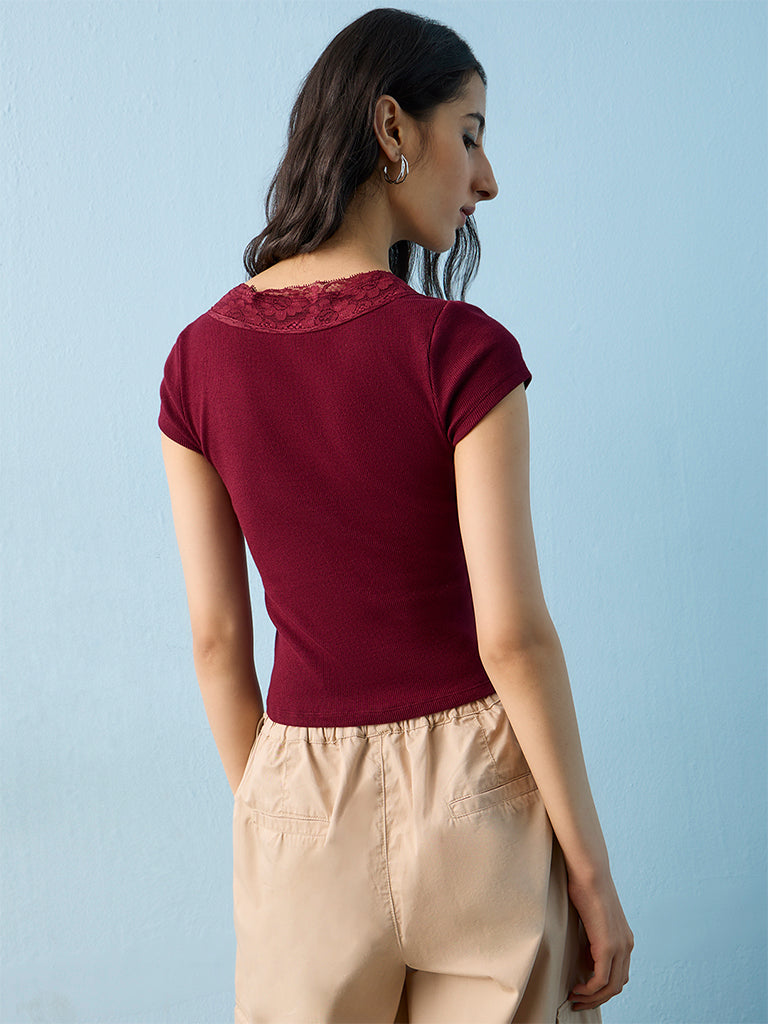 Nuon Burgundy Lace-Detail Top