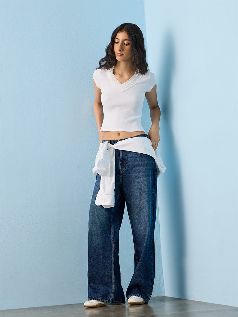 Nuon White Lace-Detail Cotton-Blend Top