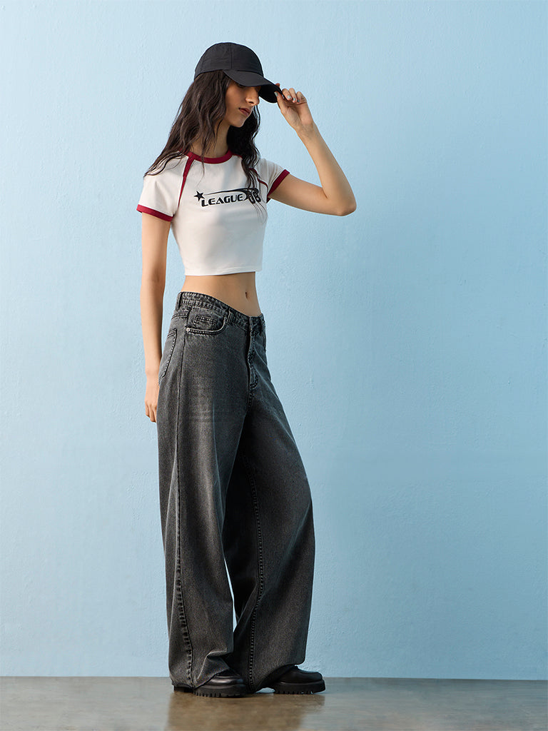 Nuon White Text Printed Cotton T-Shirt