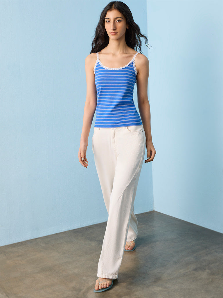 Nuon Blue Striped Lace-Detail Cotton-Blend Top
