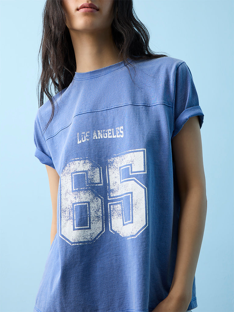 Nuon Blue Numerical Printed Cotton T-Shirt