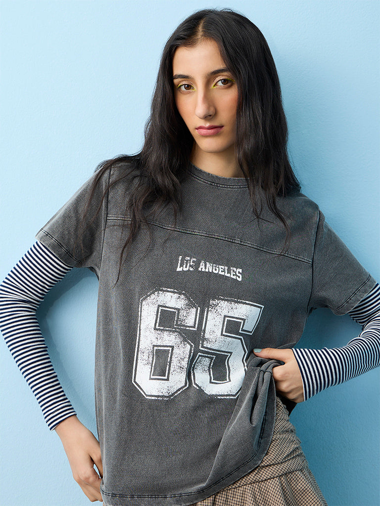 Nuon Dark Grey Numerical Printed Cotton T-Shirt