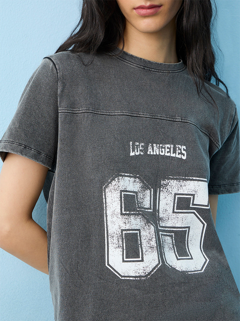 Nuon Dark Grey Numerical Printed Cotton T-Shirt
