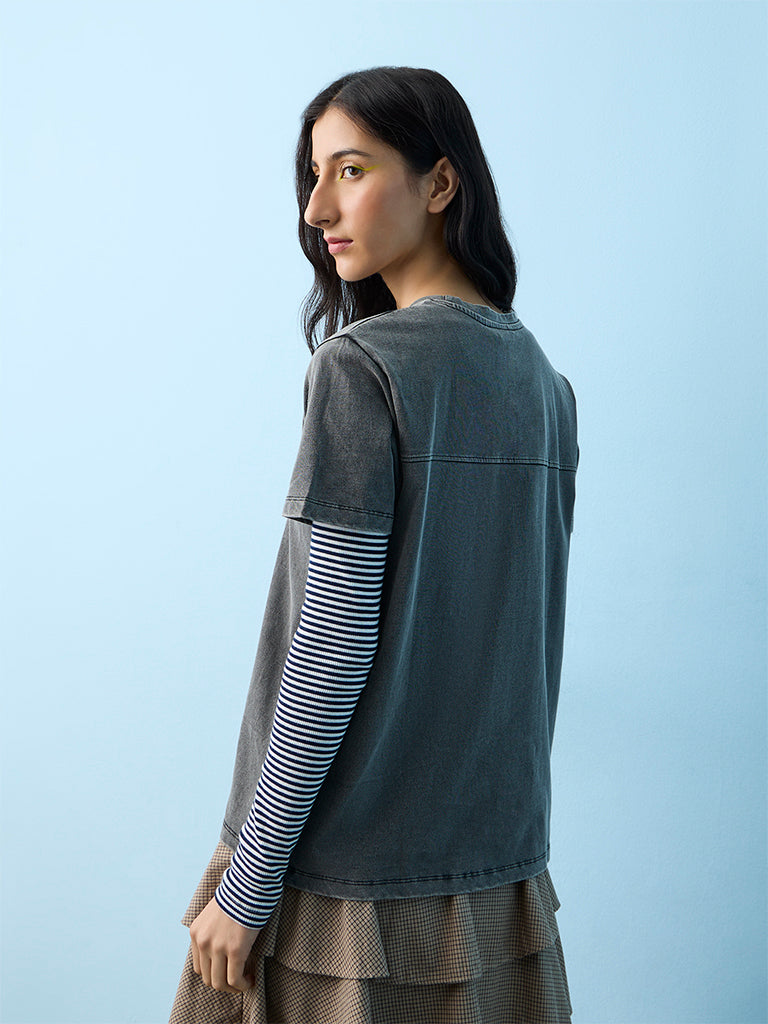 Nuon Dark Grey Numerical Printed Cotton T-Shirt