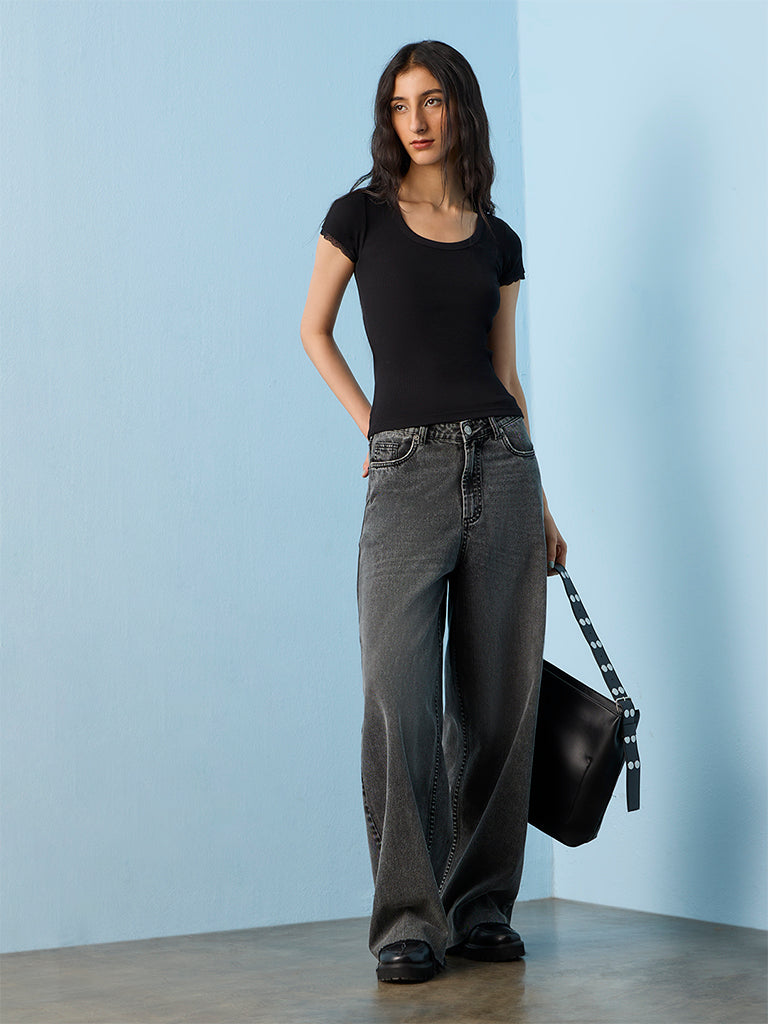 Nuon Black Solid Ribbed Top