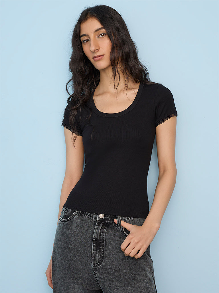 Nuon Black Solid Ribbed Top