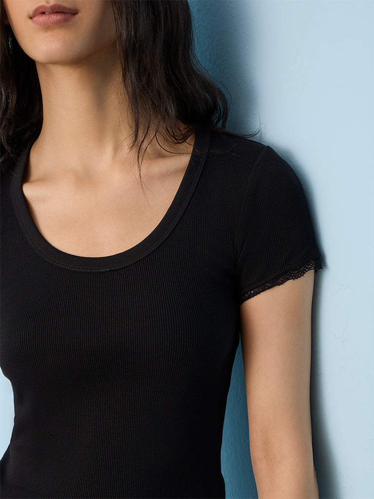 Nuon Black Solid Ribbed Top