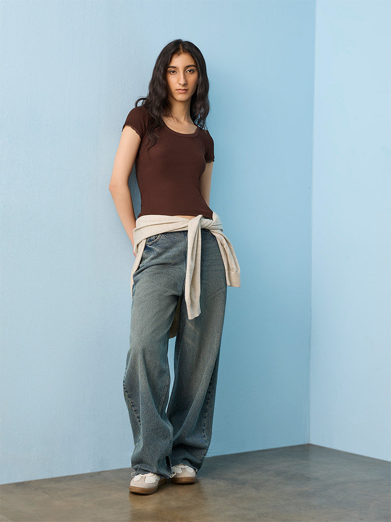 Nuon Brown Solid Ribbed Top