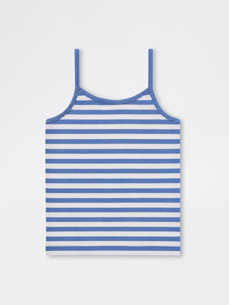 Girls Blue Striped Cotton-Blend Top