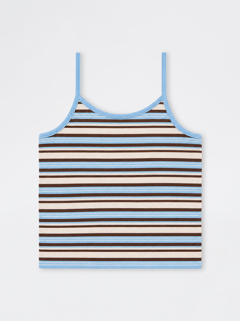 Girls Blue Striped Cotton-Blended Top