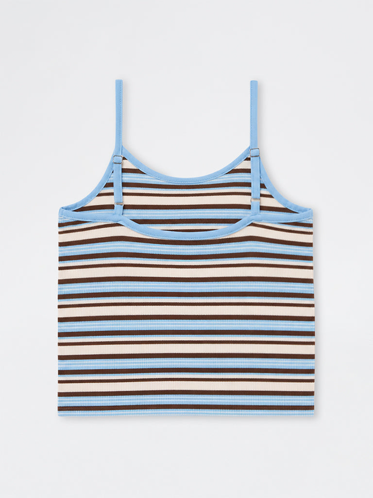 Girls Blue Striped Cotton-Blended Top