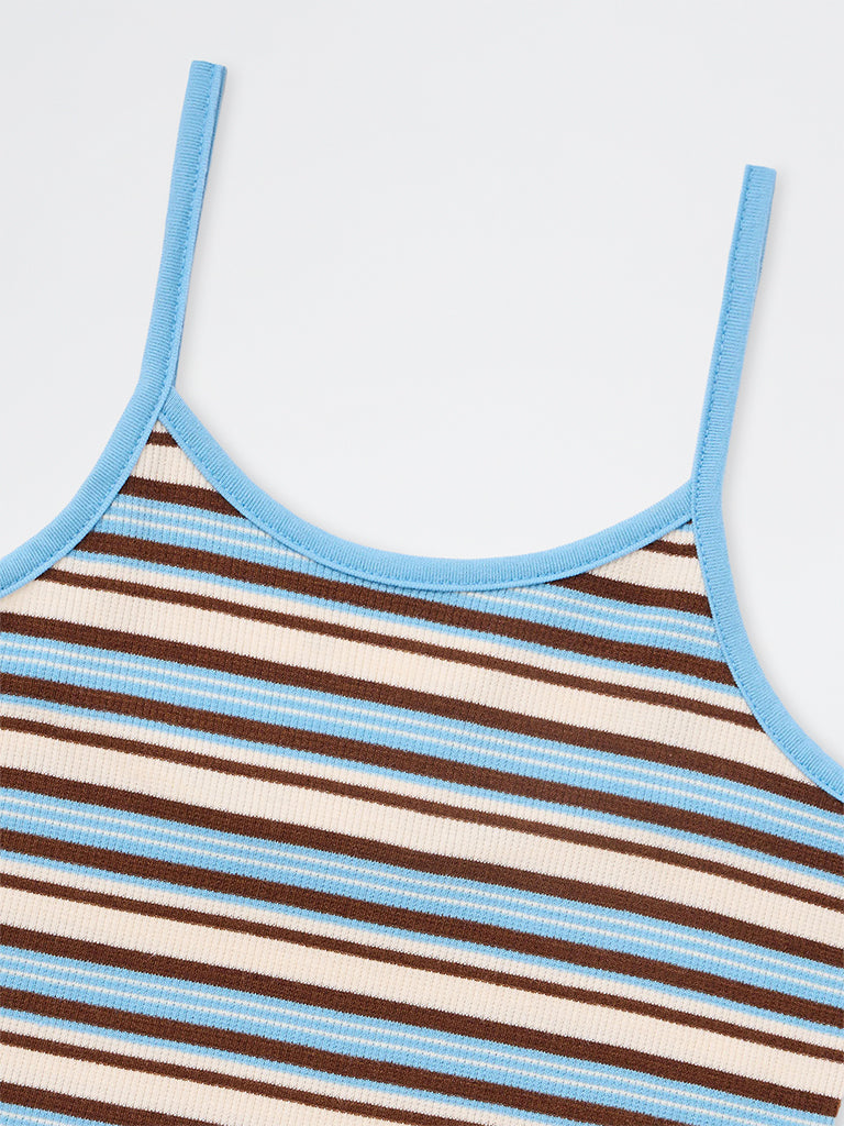 Girls Blue Striped Cotton-Blended Top