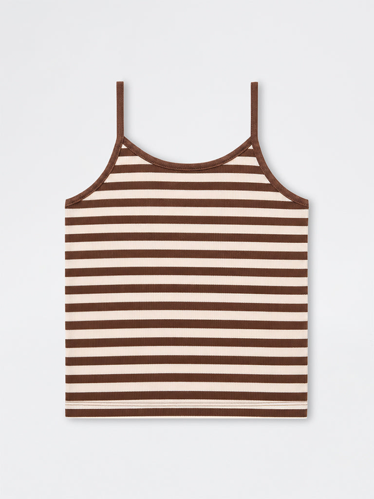 Girls Brown Striped Cotton-Blend Top