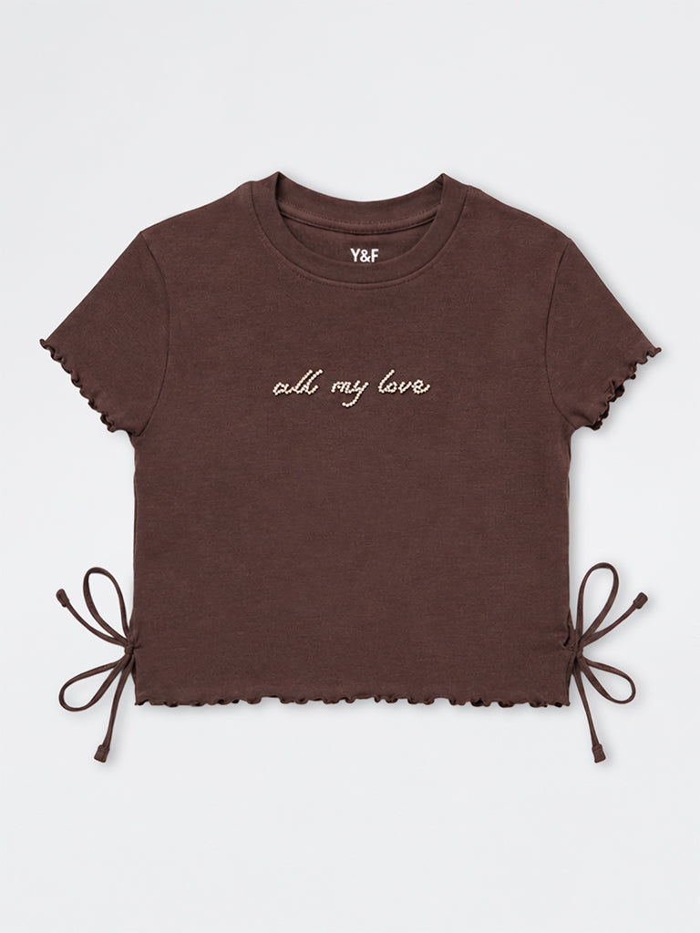 Girls Brown Text-Detailed Cotton-Blend T-Shirt