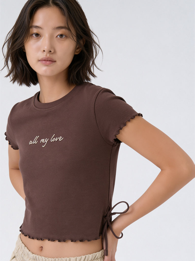 Girls Brown Text-Detailed Cotton-Blend T-Shirt