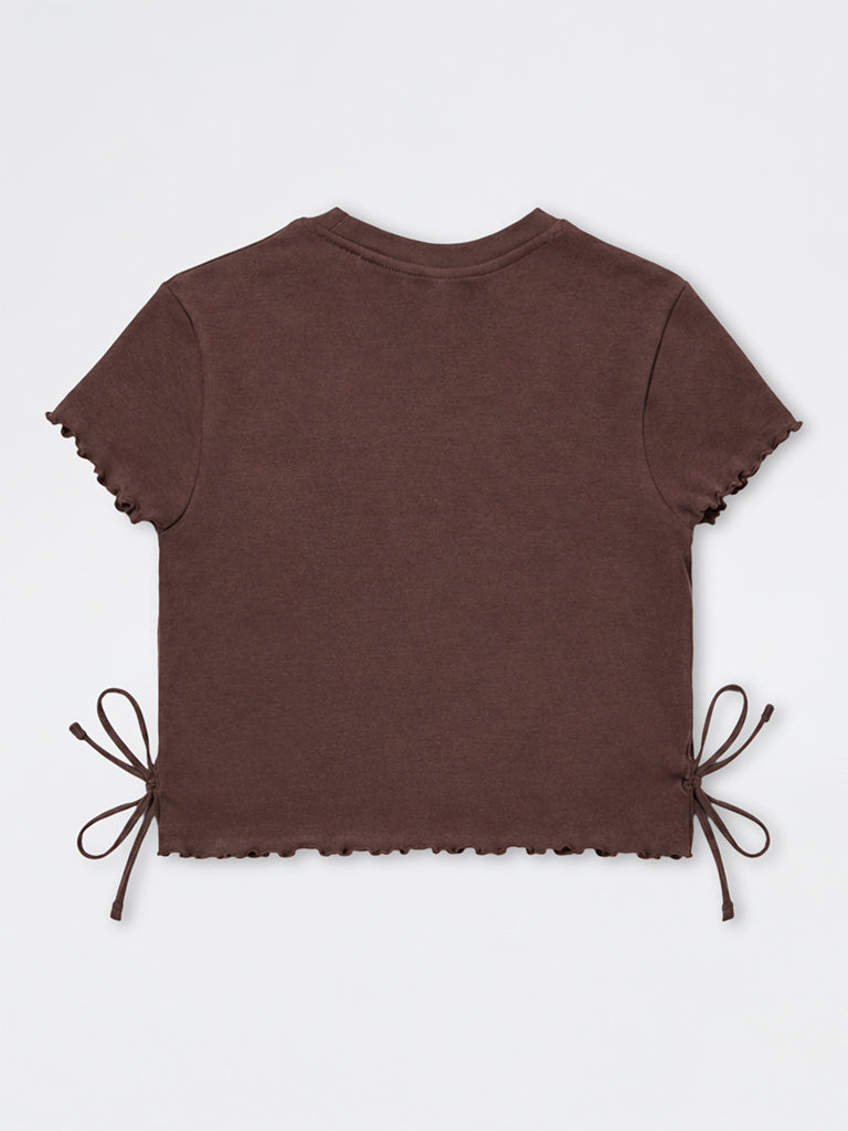 Girls Brown Text-Detailed Cotton-Blend T-Shirt