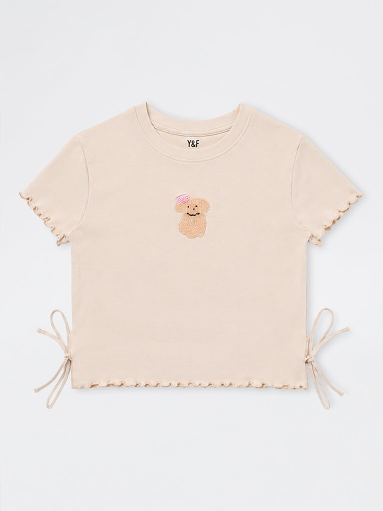 Girls Taupe Embellished Cotton-Blend T-Shirt