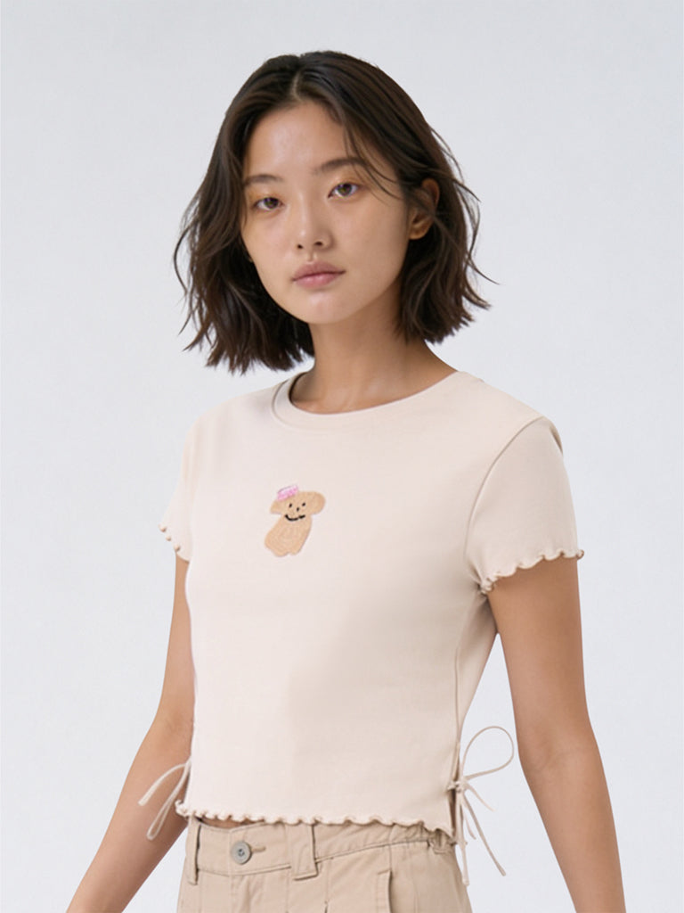 Girls Taupe Embellished Cotton-Blend T-Shirt
