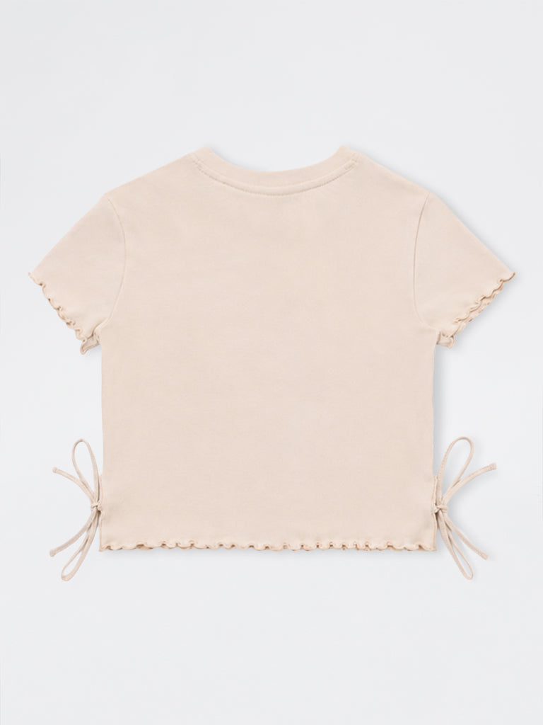 Girls Taupe Embellished Cotton-Blend T-Shirt