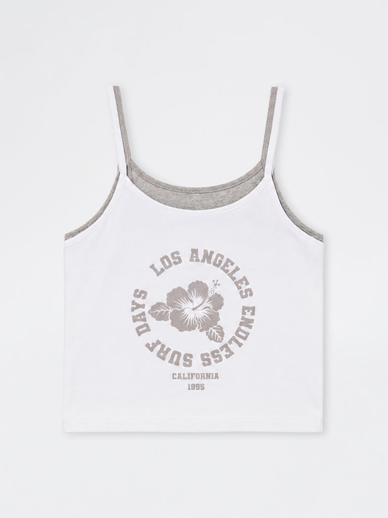 Girls White Graphic Printed Cotton-Blend Top