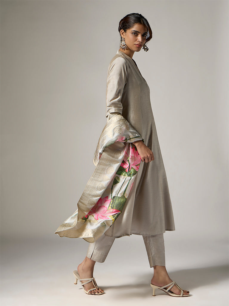Vark Light Grey Solid Anarkali Ethnic Set
