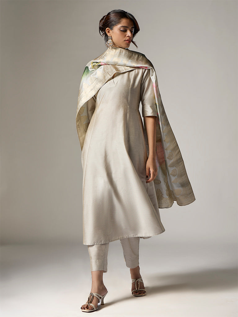 Vark Light Grey Solid Anarkali Ethnic Set