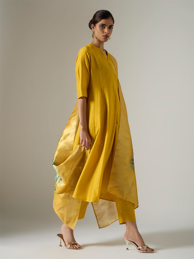 Vark Mustard Foliage Pattern Anarkali Ethnic Set