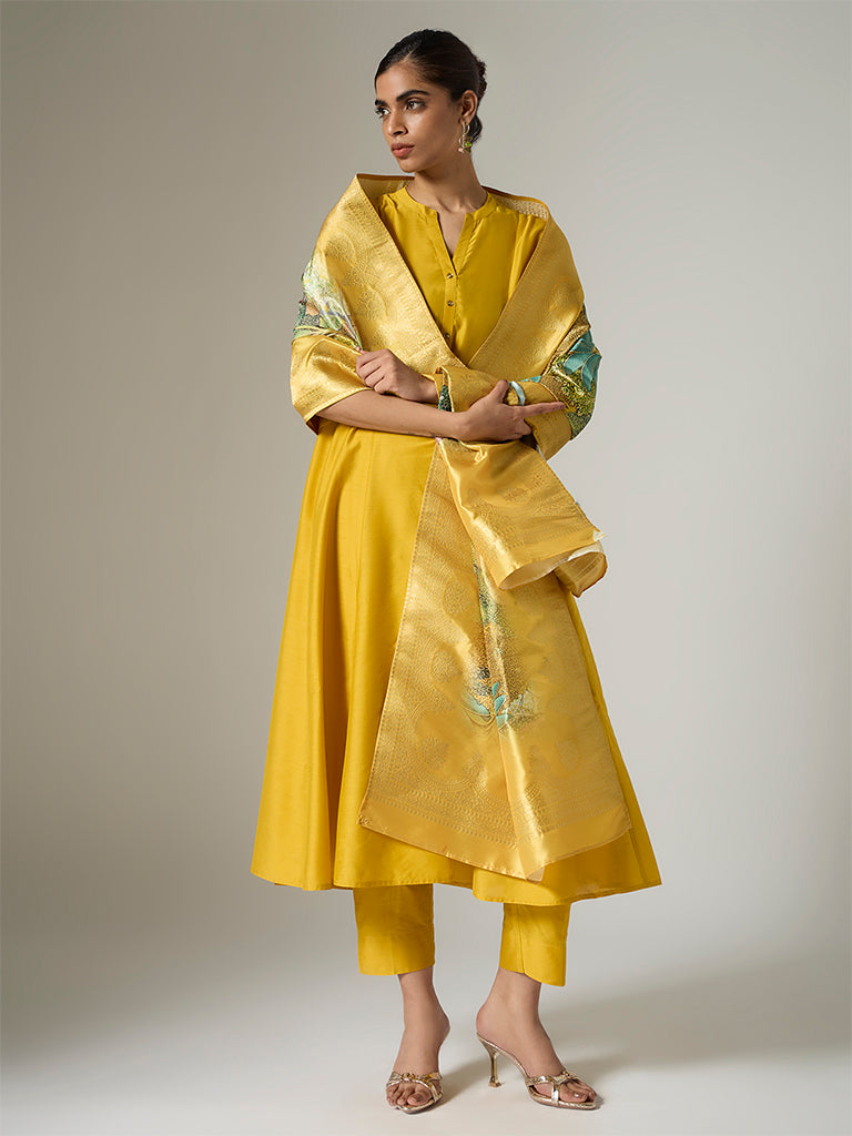 Vark Mustard Foliage Pattern Anarkali Ethnic Set