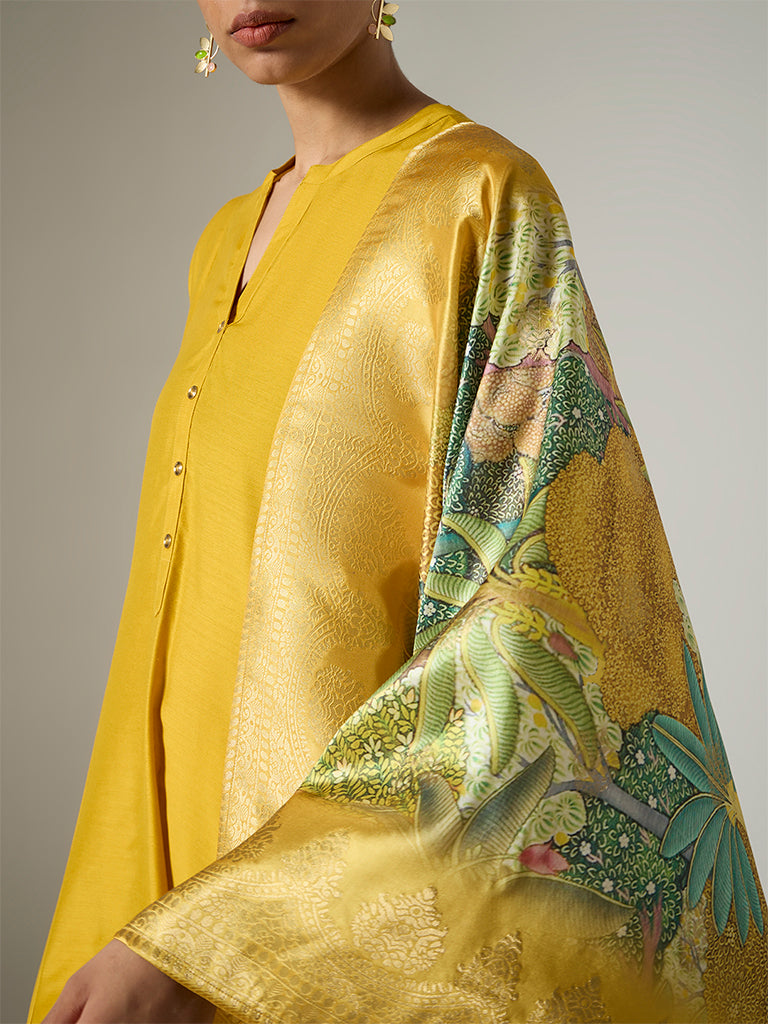 Vark Mustard Foliage Pattern Anarkali Ethnic Set