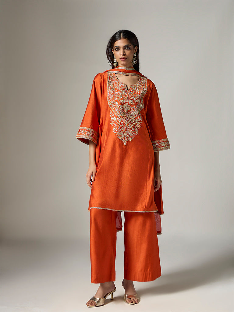 Vark Orange Floral Embroidered A-Line Ethnic Set