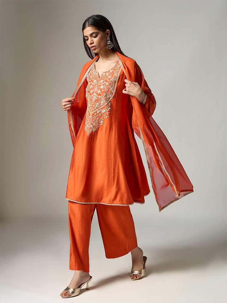 Vark Orange Floral Embroidered A-Line Ethnic Set