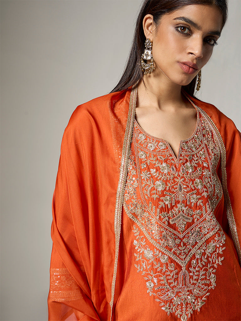 Vark Orange Floral Embroidered A-Line Ethnic Set