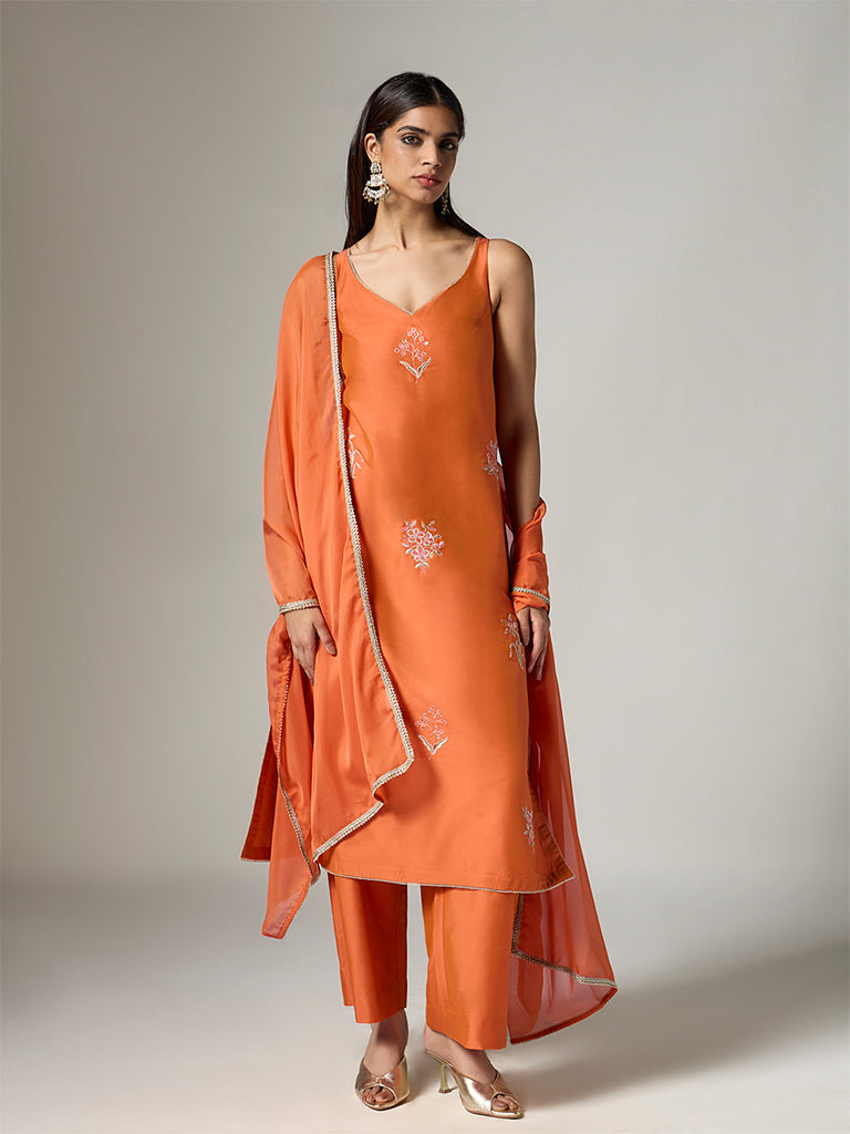Vark Orange Floral Embroidered Straight Ethnic Set