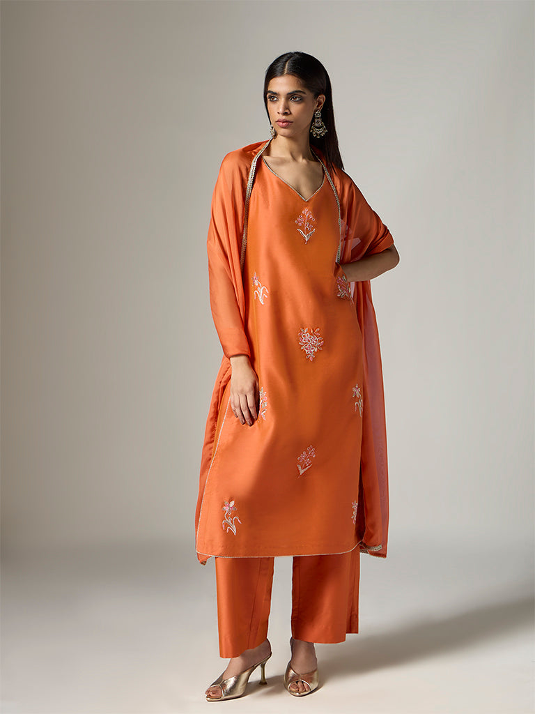 Vark Orange Floral Embroidered Straight Ethnic Set