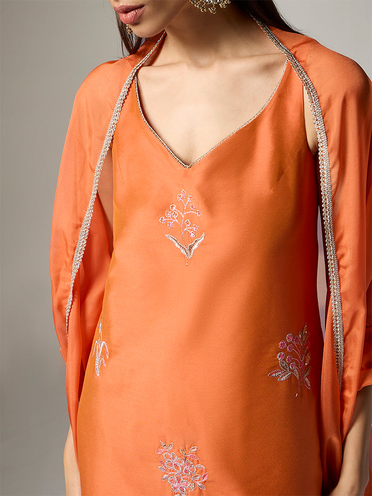 Vark Orange Floral Embroidered Straight Ethnic Set