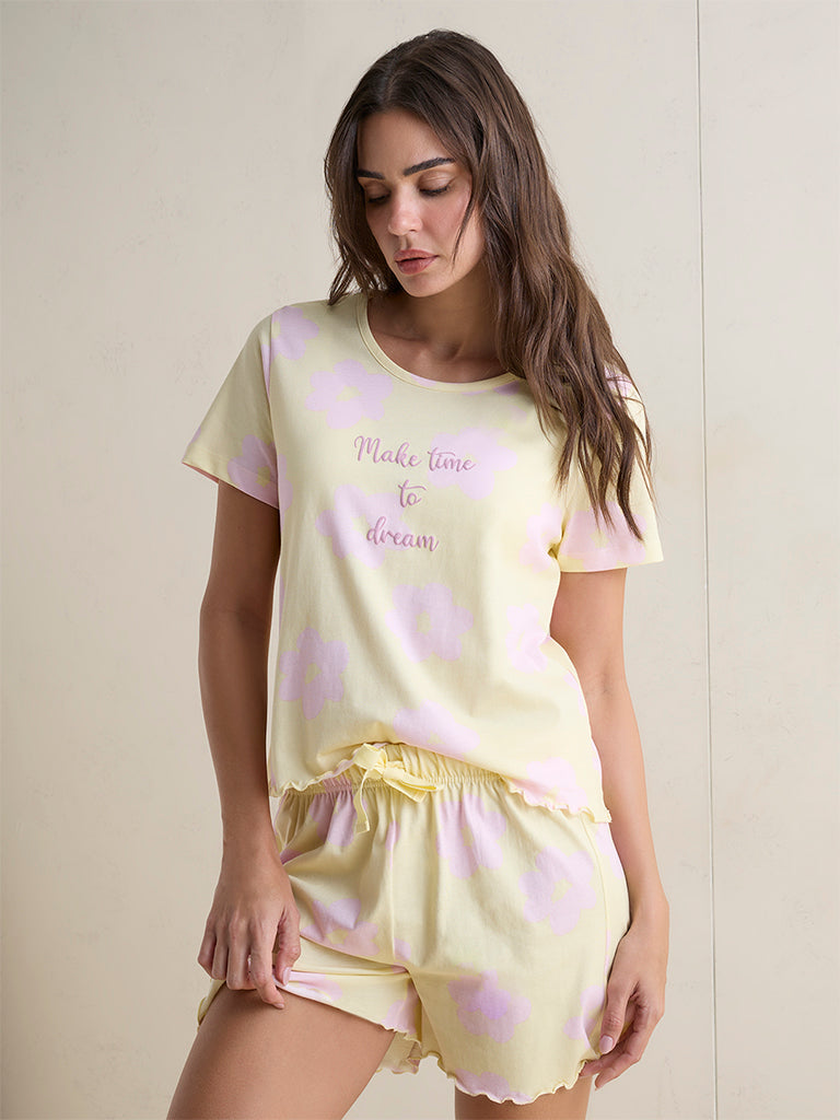Wunderlove Lemon Floral Printed Cotton T-Shirt and Shorts Sets