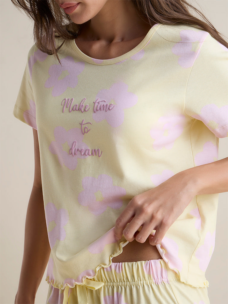 Wunderlove Lemon Floral Printed Cotton T-Shirt and Shorts Sets