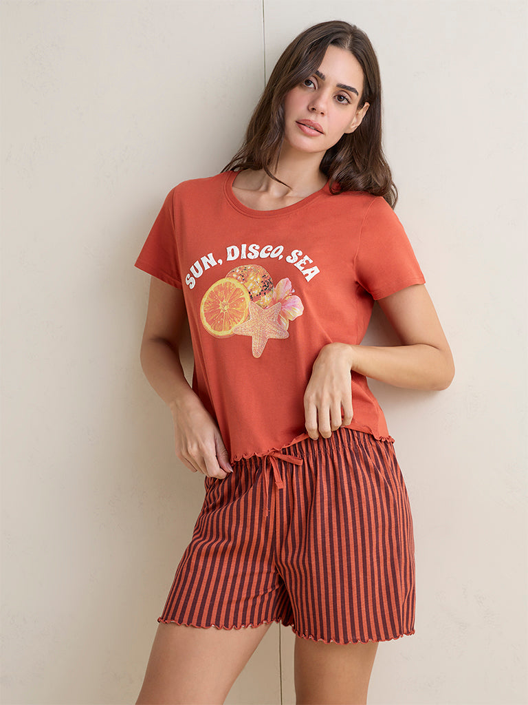 Wunderlove Orange Printed Cotton T-Shirt and Shorts Sets