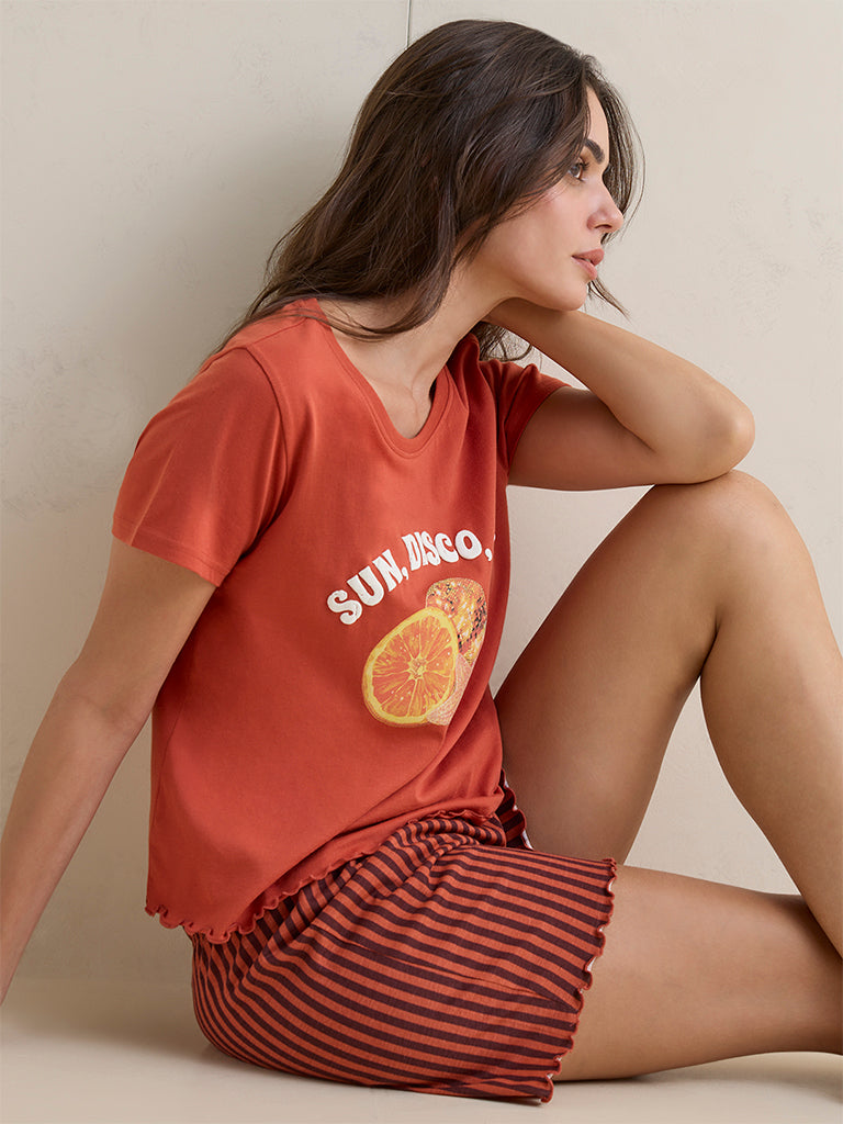 Wunderlove Orange Printed Cotton T-Shirt and Shorts Sets