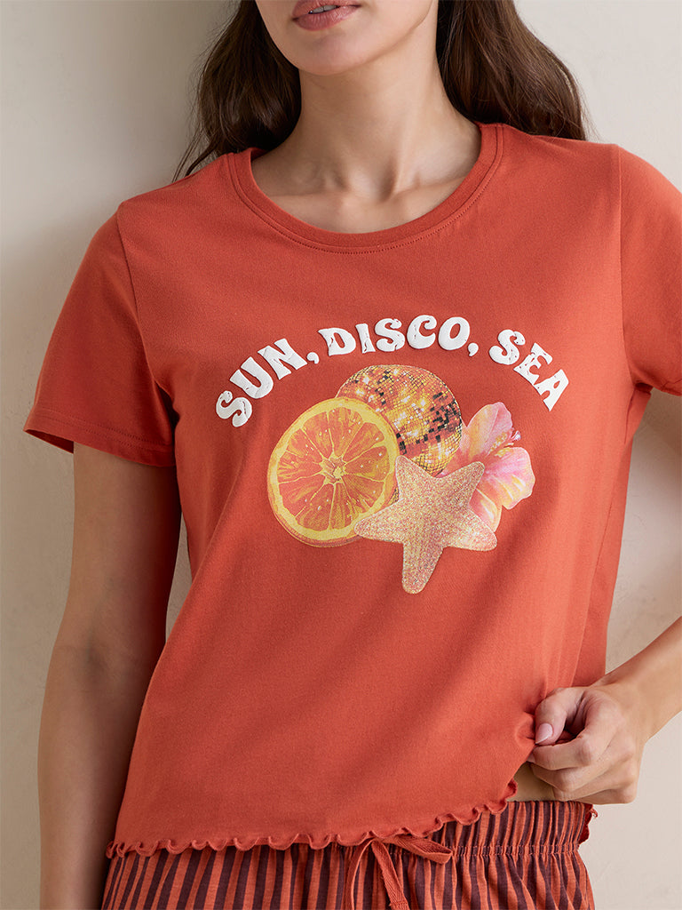 Wunderlove Orange Printed Cotton T-Shirt and Shorts Sets
