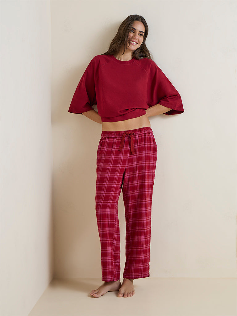 Wunderlove Red Checks Design High-Rise Cotton Pants